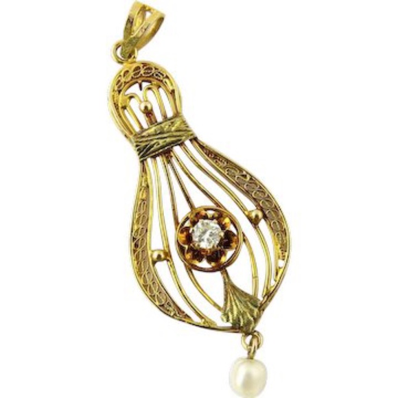 Vintage 14K Yellow Gold Diamond and Pearl Filagree Pendant #143 - Picture 1 of 7